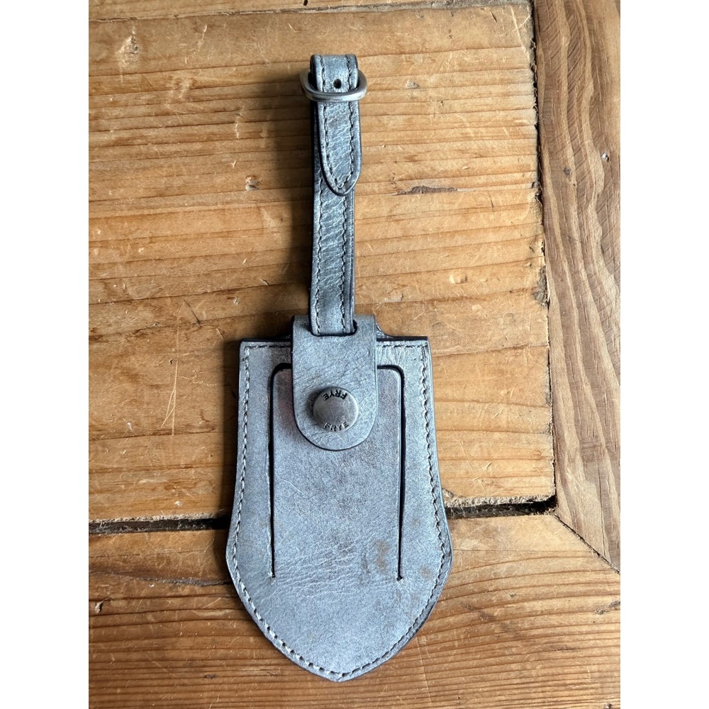 Frye Metallic Silver Leather Luggage Tag Shield Logo Snap ID Window Travel Bag